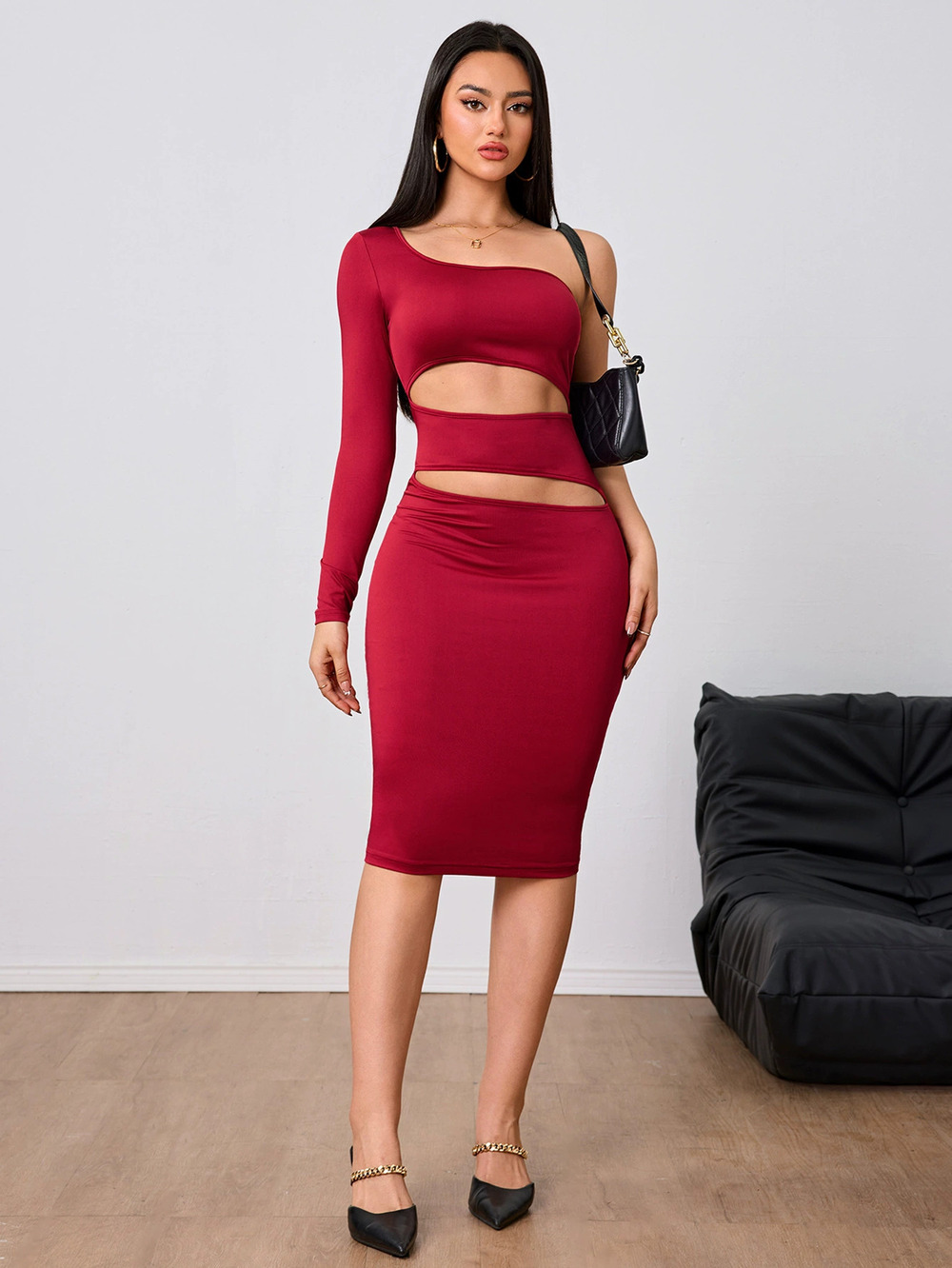 ZARA Wine Red Chic One Shoulder Midi Dress Spring Summer